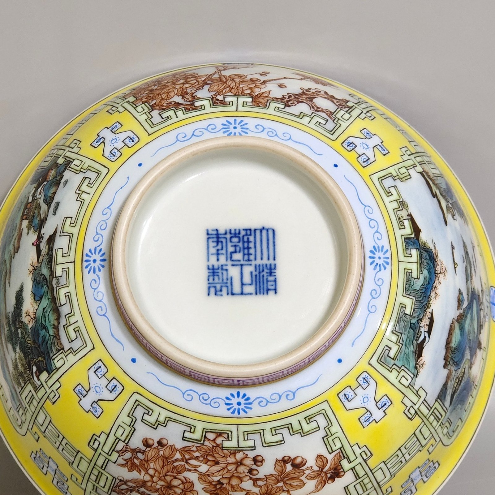 Qing Dynasty Yongzheng swallow yellow glaze flowers and birds blue and white bowl