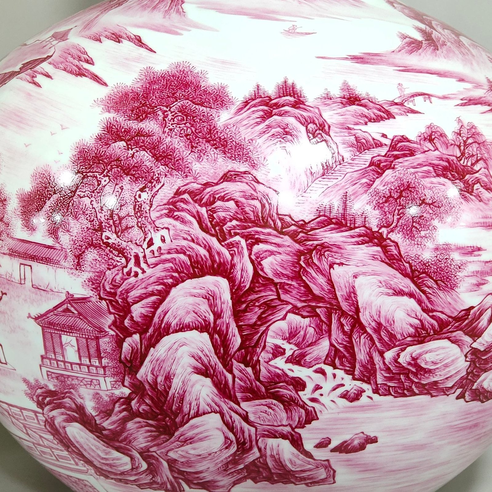 Qing Dynasty Yongzheng agate red landscape attic celestial sphere vase inscribed with poems
