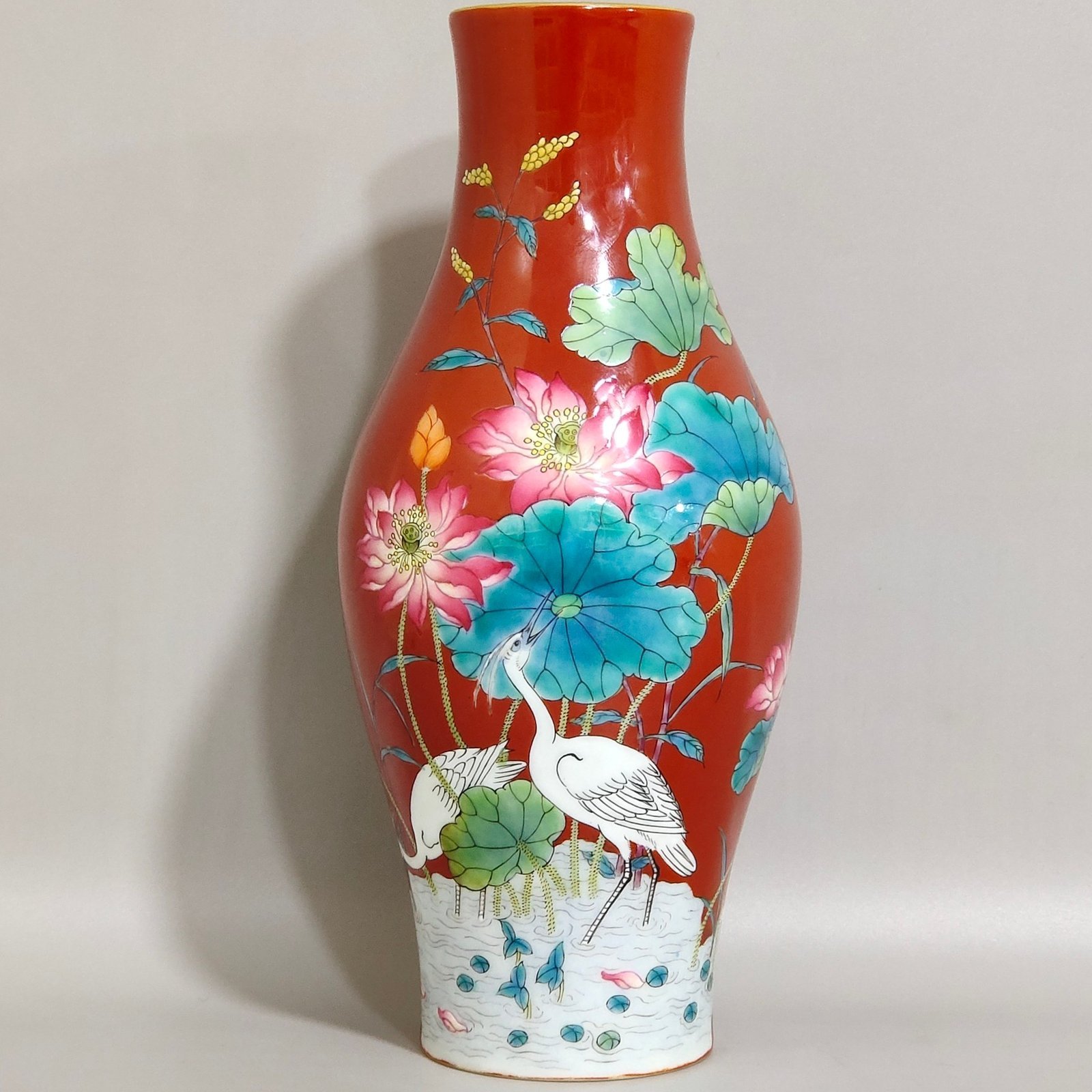 Qing Dynasty Yongzheng coral red olive vase inscribed with poems