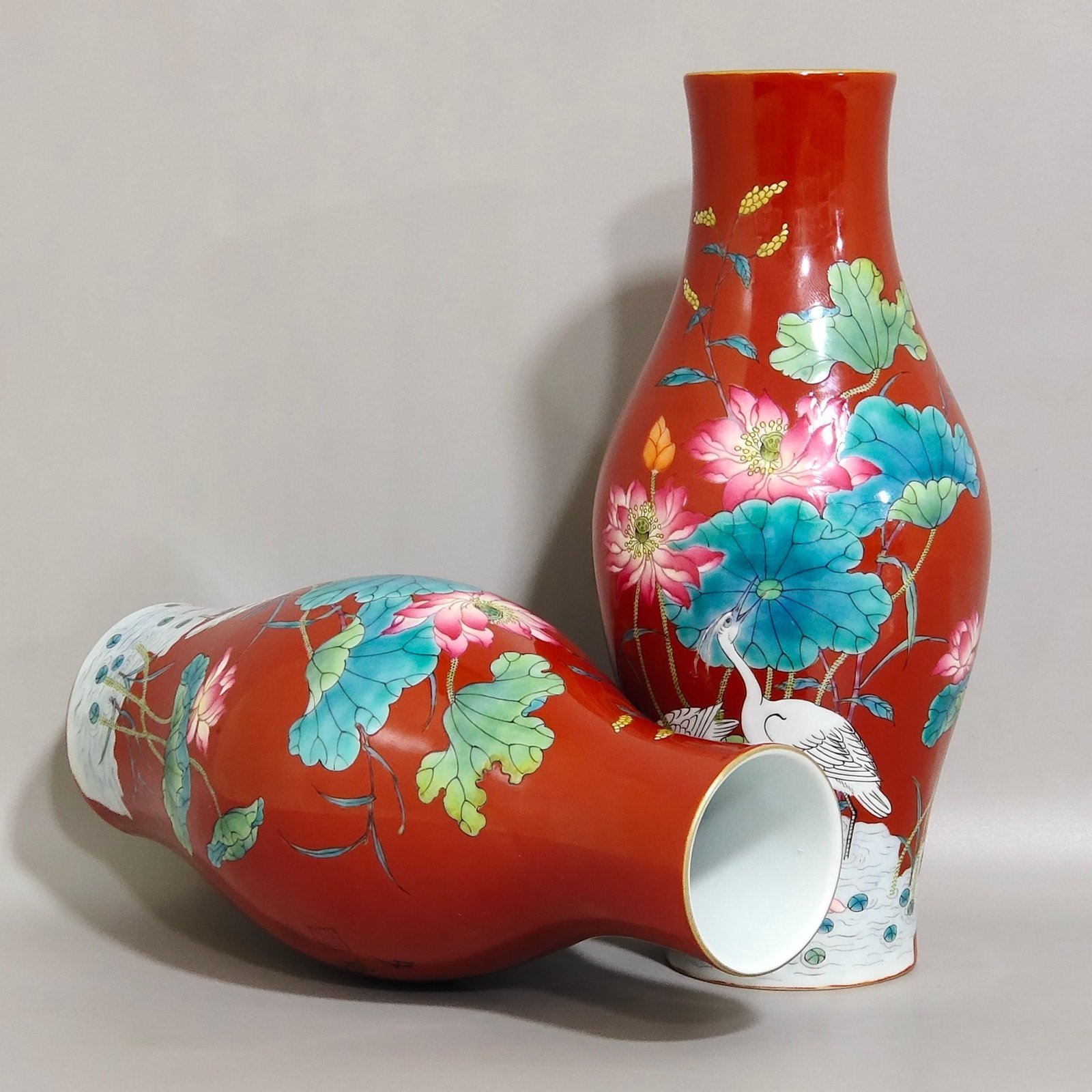 Qing Dynasty Yongzheng coral red olive vase inscribed with poems