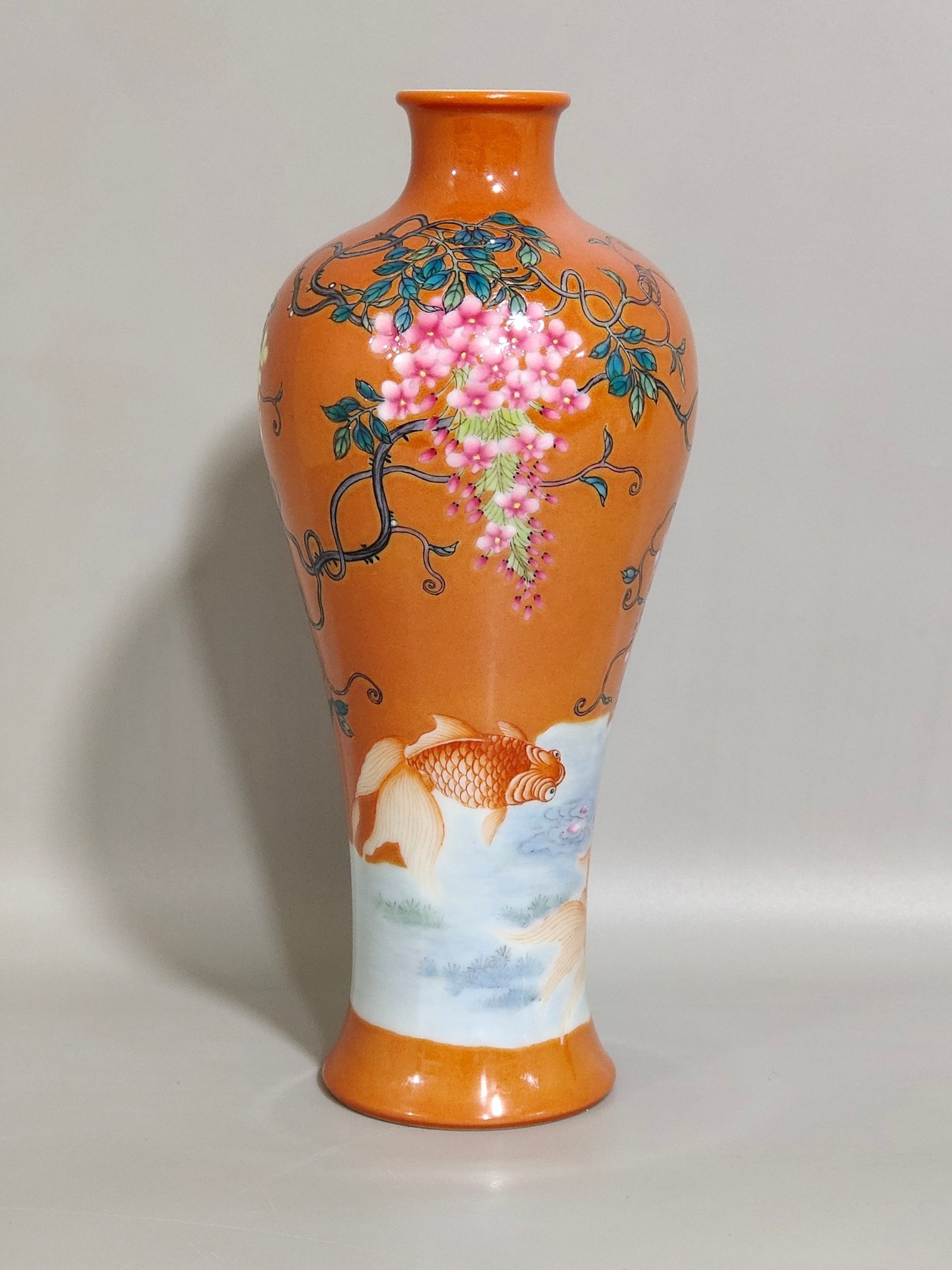 Qing Dynasty Yongzheng coral red plum vase inscribed with poems every year