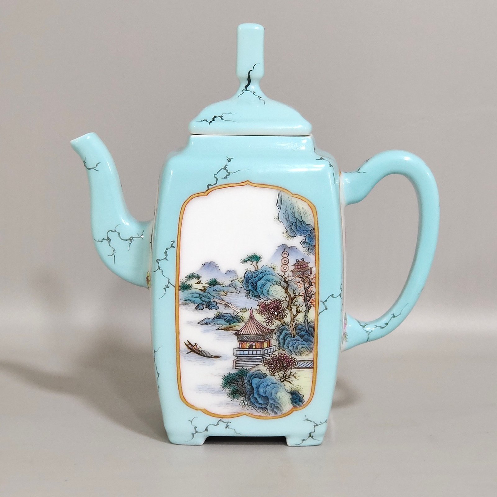 Qing Dynasty Yongzheng enamel turquoise green window landscape teapot