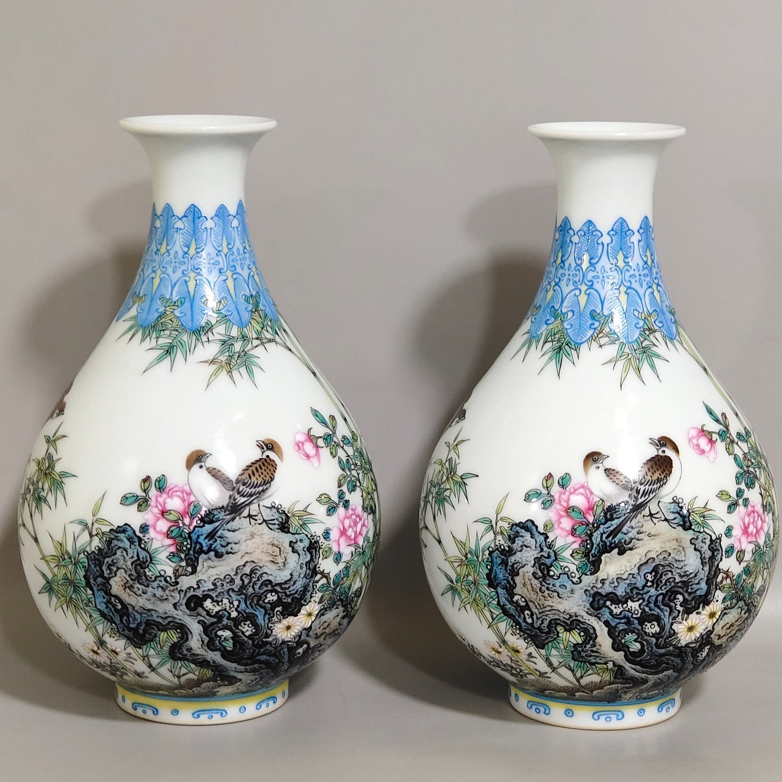Qing Dynasty Yongzheng enamel bamboo forest sparrow poem jade pot spring vase