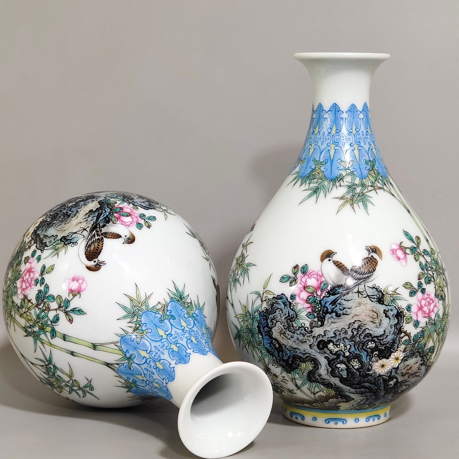 Qing Dynasty Yongzheng enamel bamboo forest sparrow poem jade pot spring vase