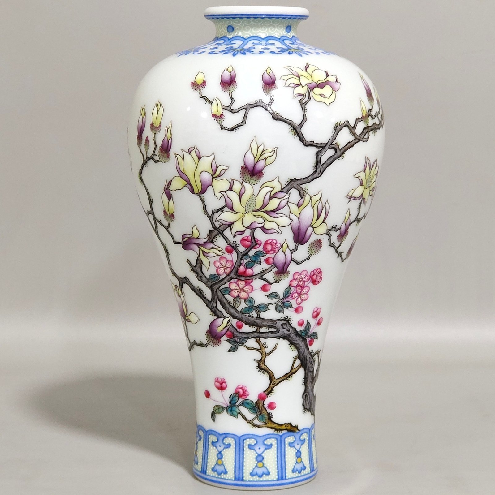 Qing Dynasty Yongzheng enamel plum vase with jade border and magnolia flower inscription