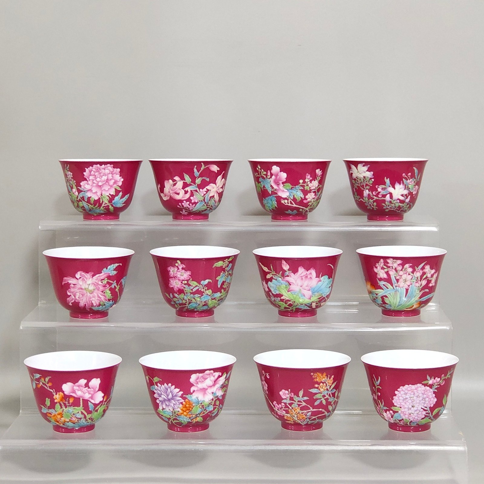 Qing Dynasty Yongzheng enamel carmine cup with twelve flowers painted inside