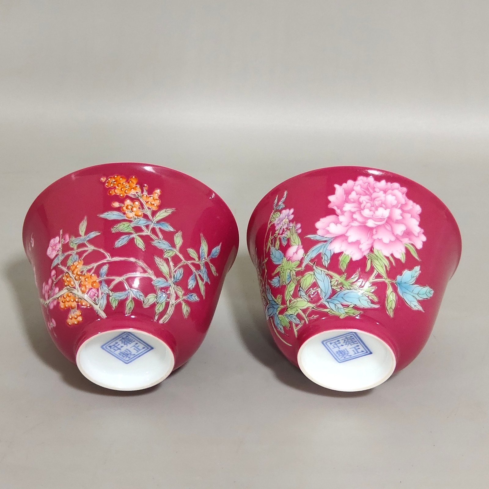 Qing Dynasty Yongzheng enamel carmine cup with twelve flowers painted inside
