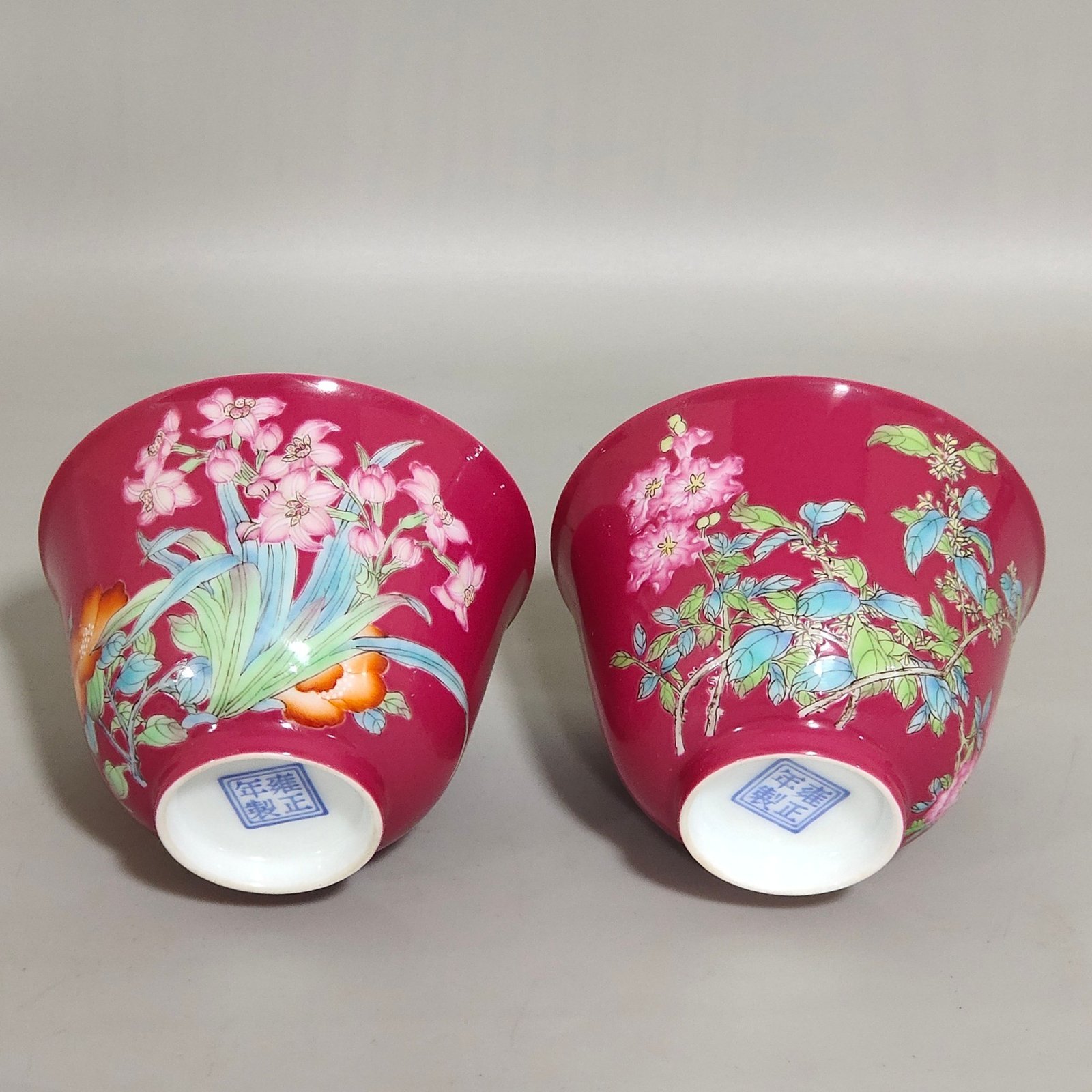 Qing Dynasty Yongzheng enamel carmine cup with twelve flowers painted inside
