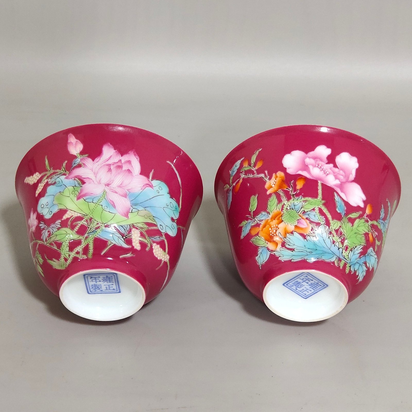 Qing Dynasty Yongzheng enamel carmine cup with twelve flowers painted inside
