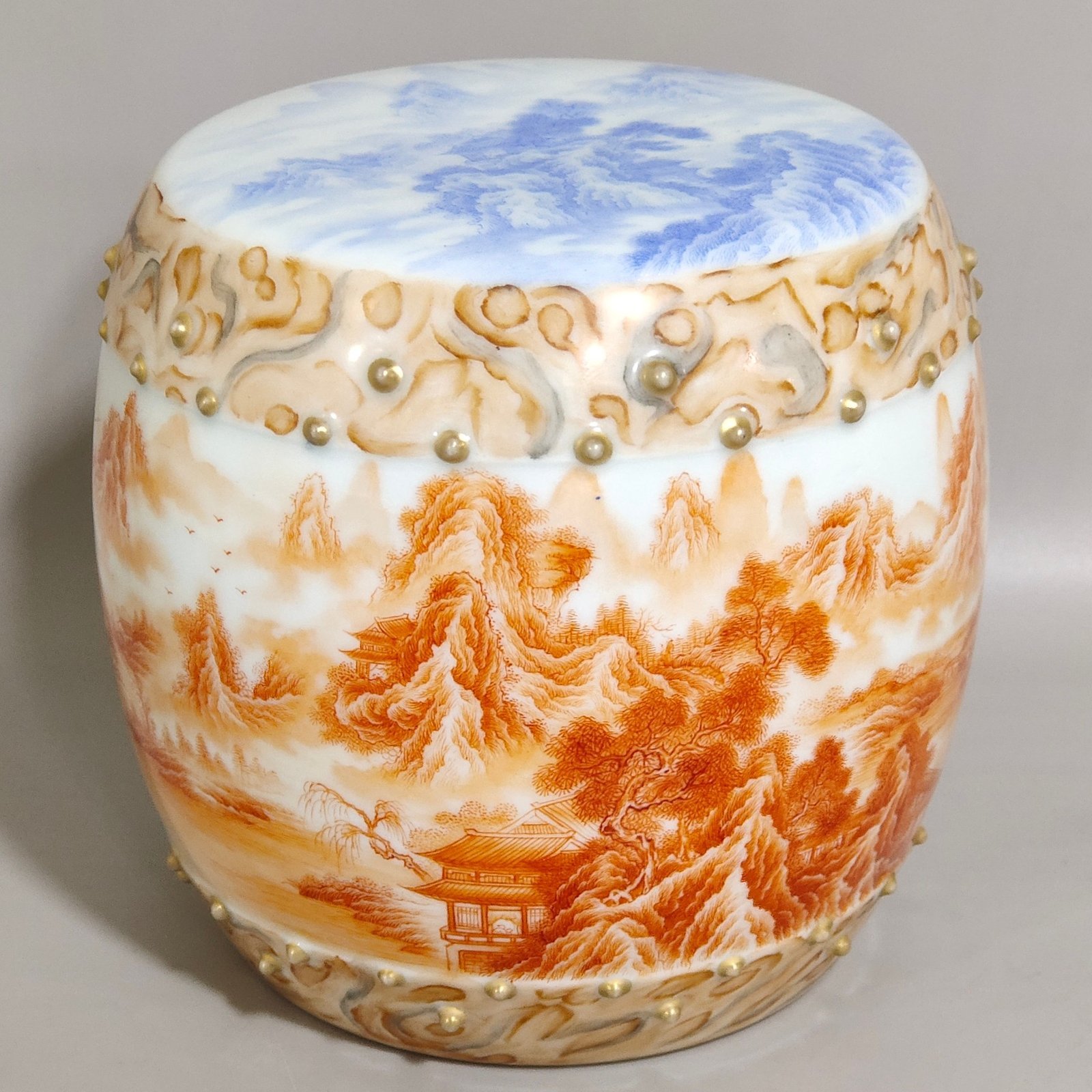 Qing Dynasty Yongzheng stone pattern glazed blue Gonghong landscape poem porcelain drum
