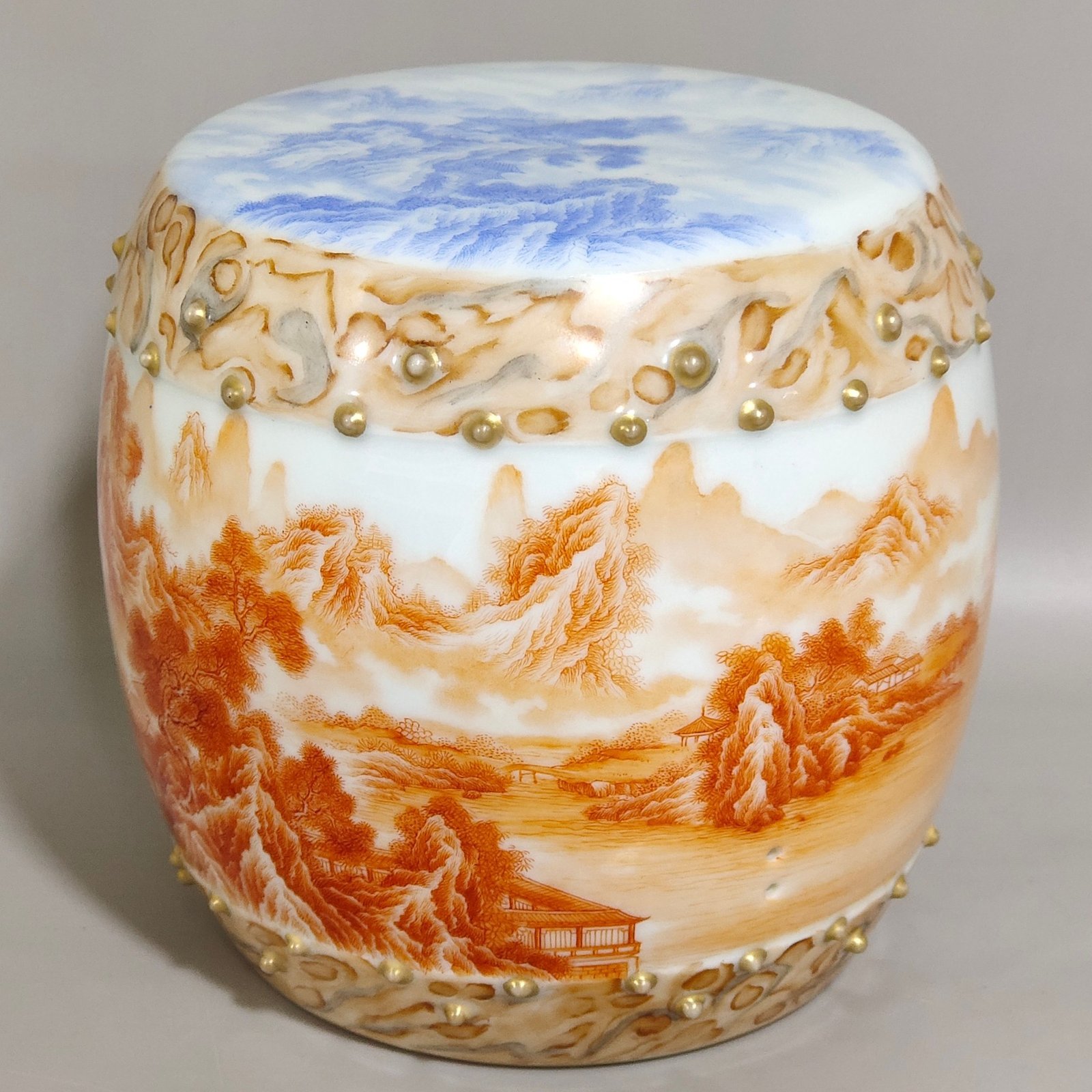 Qing Dynasty Yongzheng stone pattern glazed blue Gonghong landscape poem porcelain drum