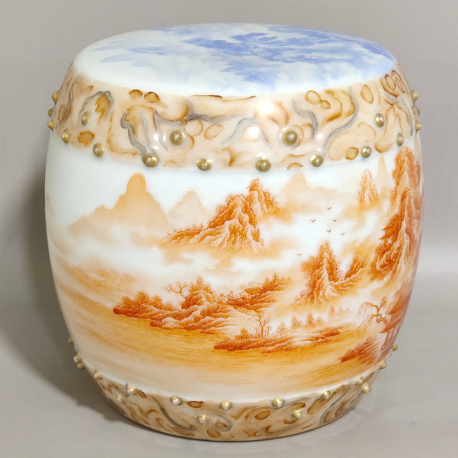 Qing Dynasty Yongzheng stone pattern glazed blue Gonghong landscape poem porcelain drum