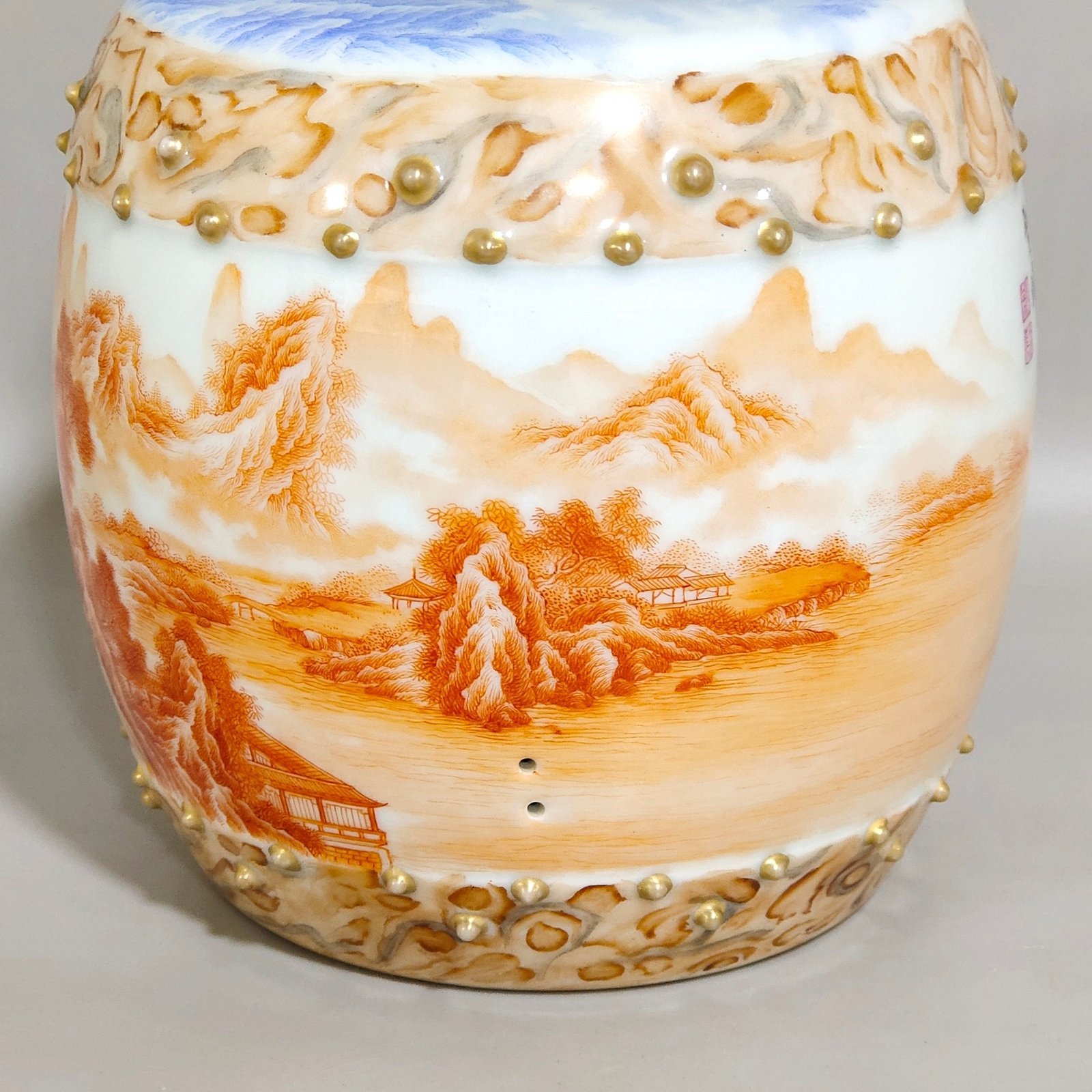 Qing Dynasty Yongzheng stone pattern glazed blue Gonghong landscape poem porcelain drum