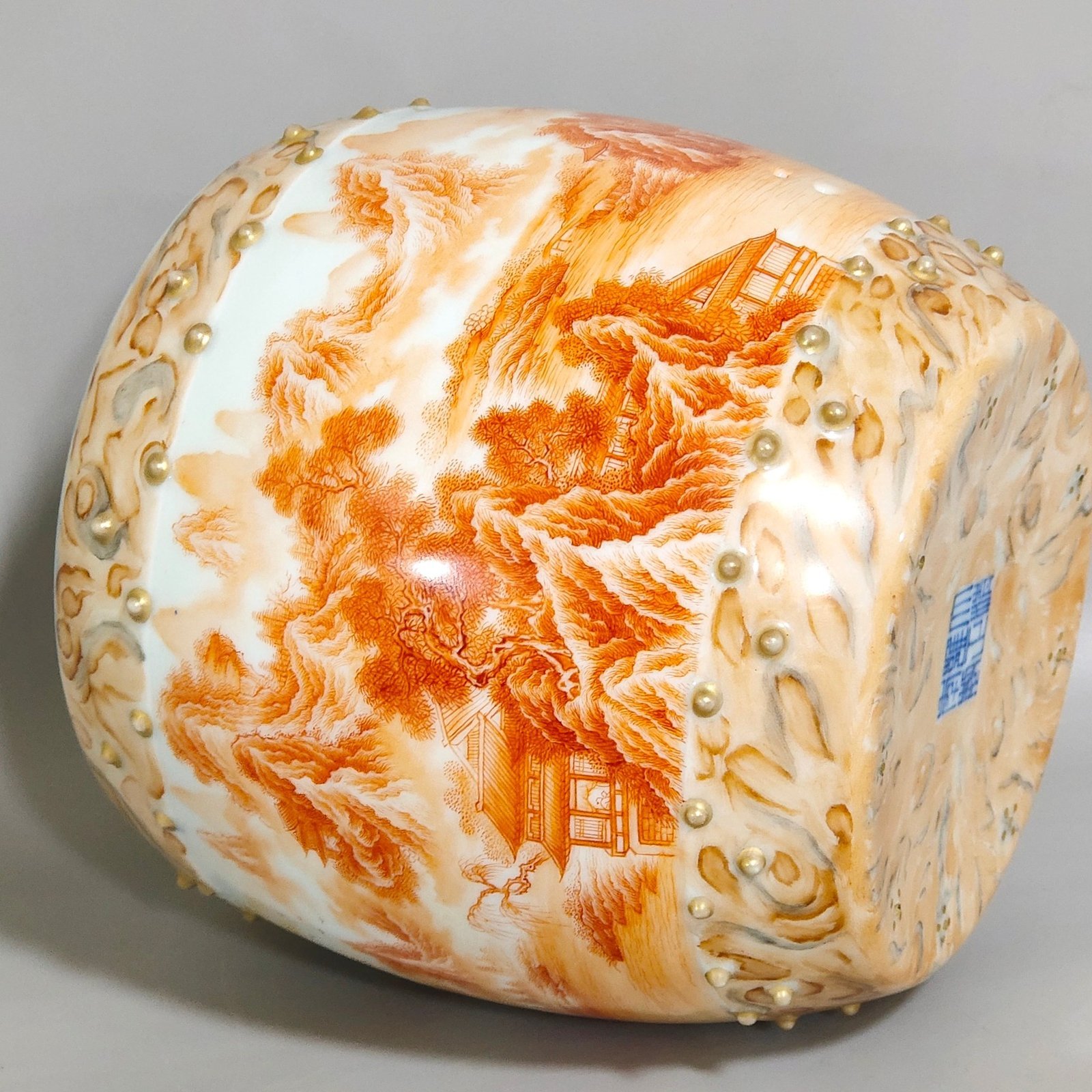 Qing Dynasty Yongzheng stone pattern glazed blue Gonghong landscape poem porcelain drum