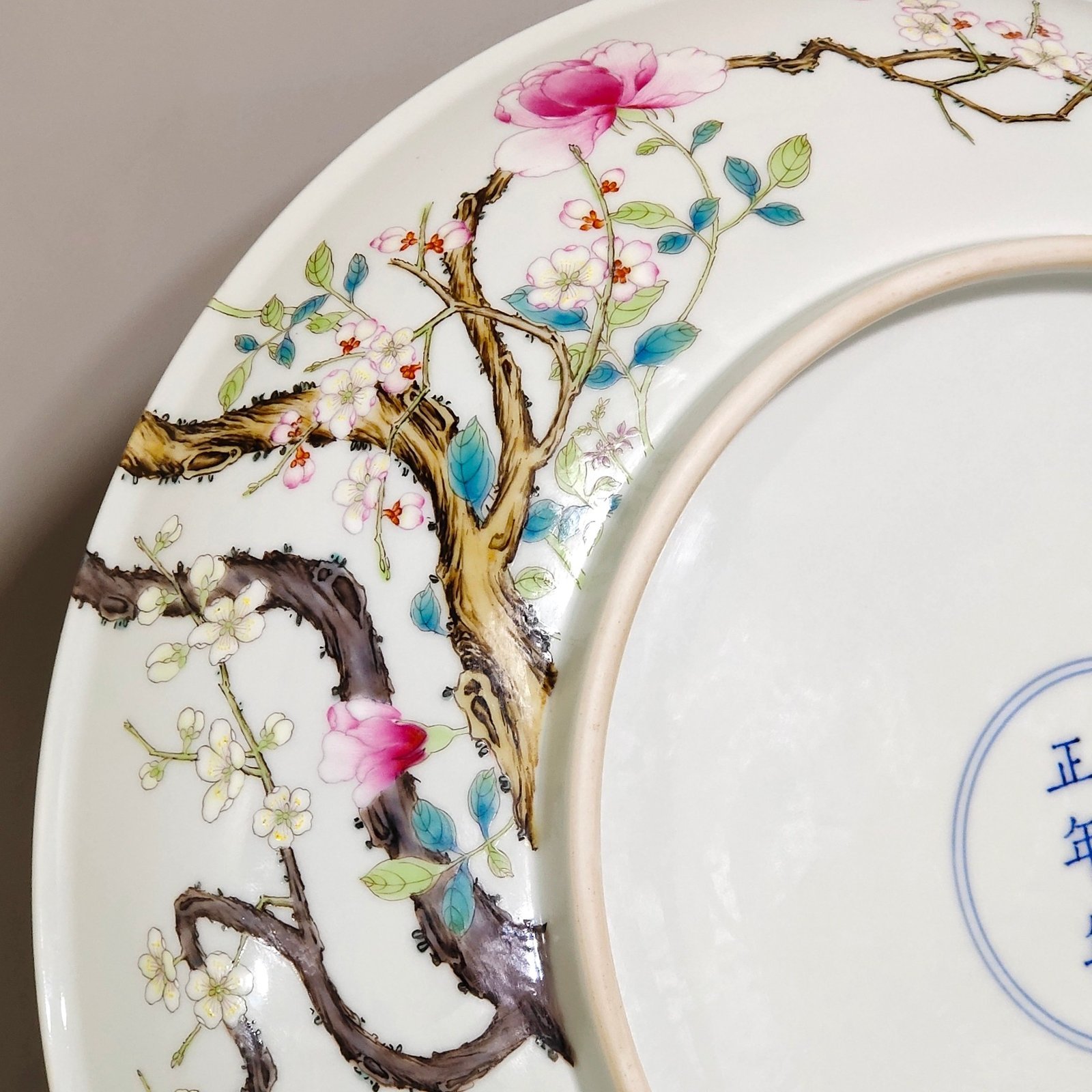 Qing Dynasty Yongzheng pastel painting plate with branches and wealth