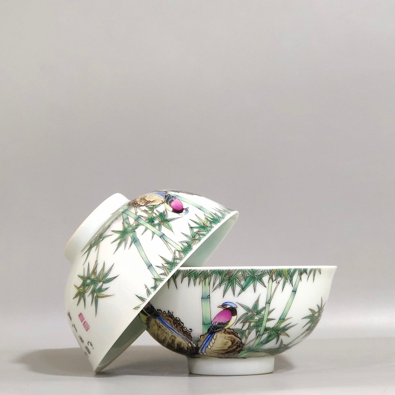 Qing Dynasty Yongzheng green bamboo bird poem cup
