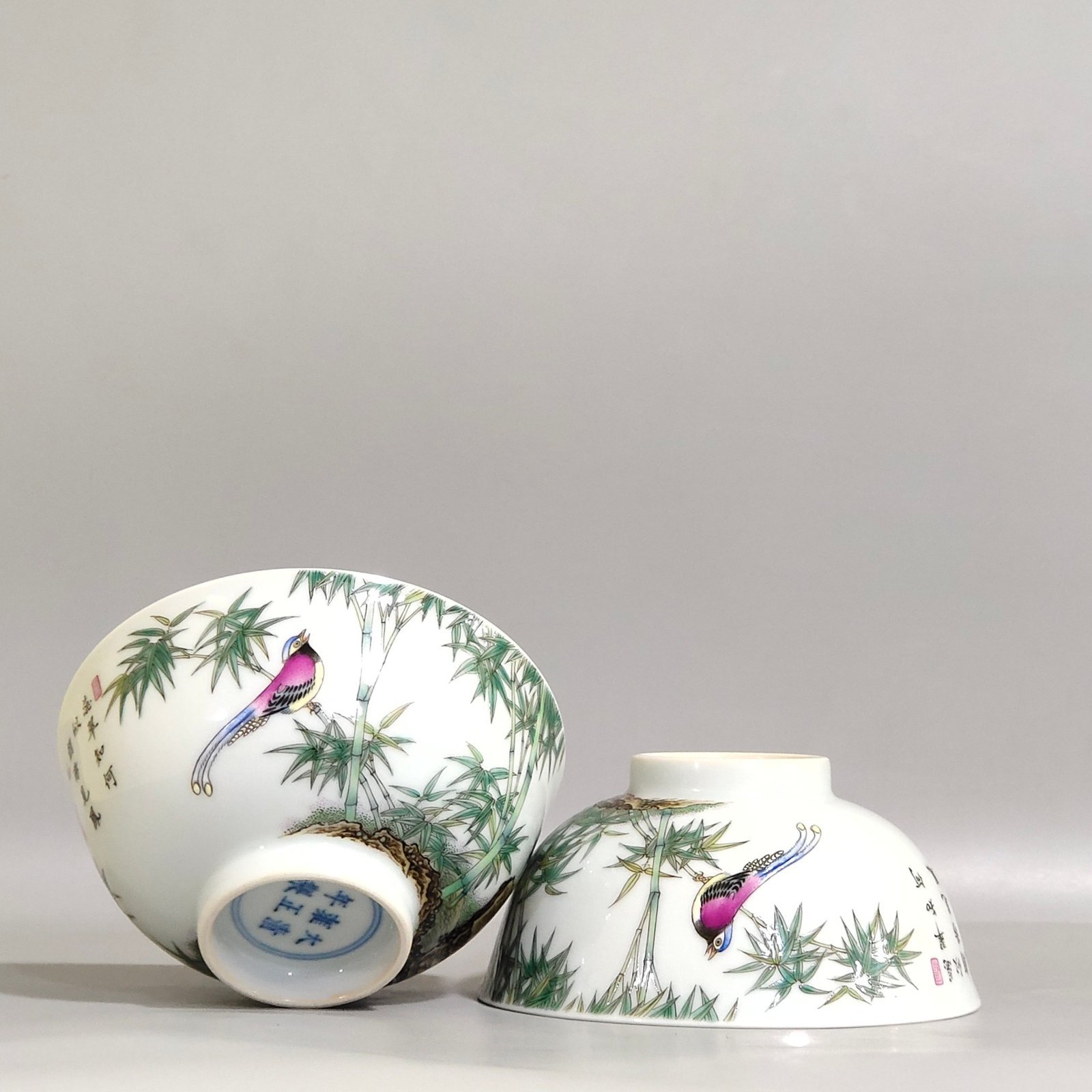 Qing Dynasty Yongzheng green bamboo bird poem cup
