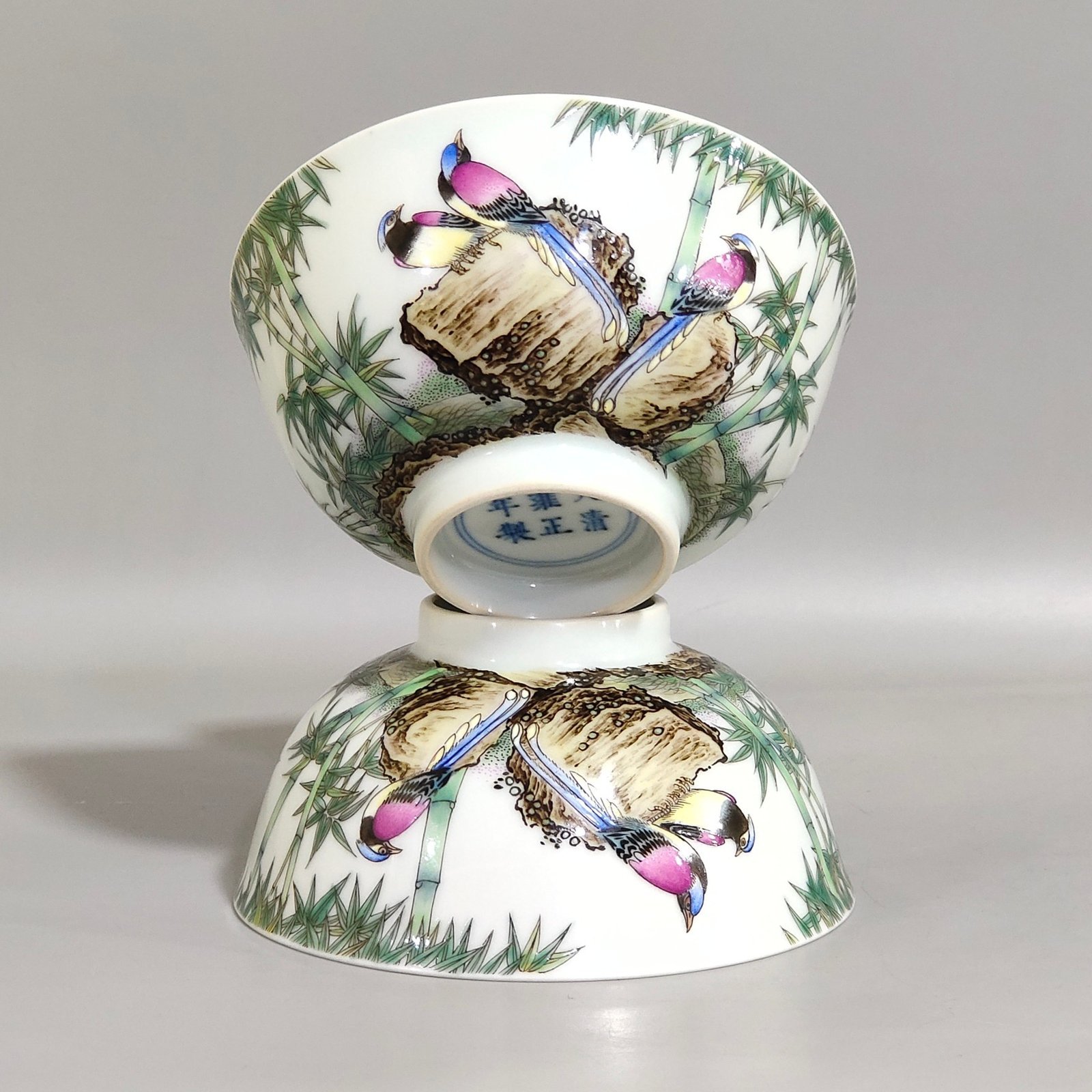 Qing Dynasty Yongzheng green bamboo bird poem cup