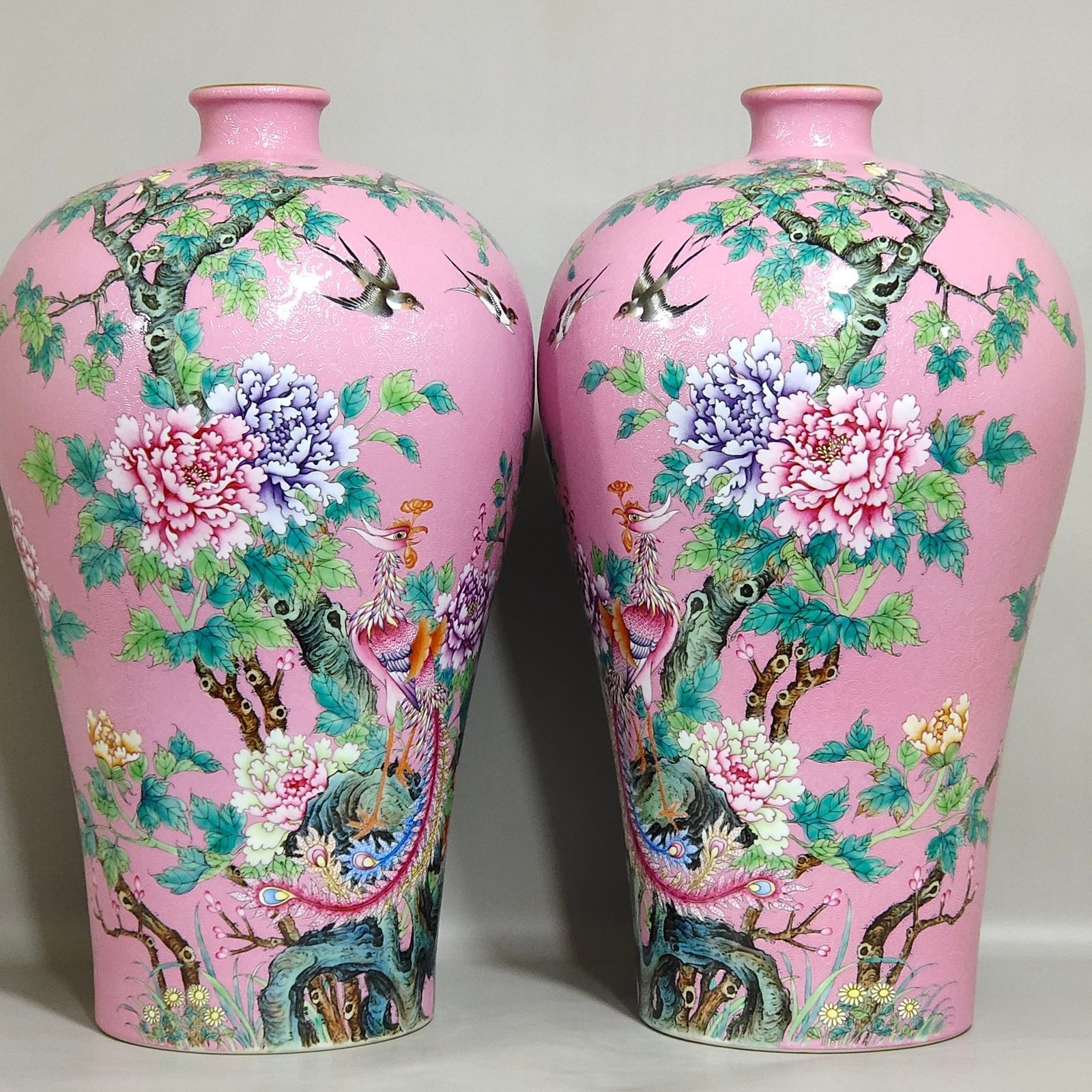 Qing Dynasty Yongzheng rouge pink flowered phoenix peony flower and bird poem plum vase