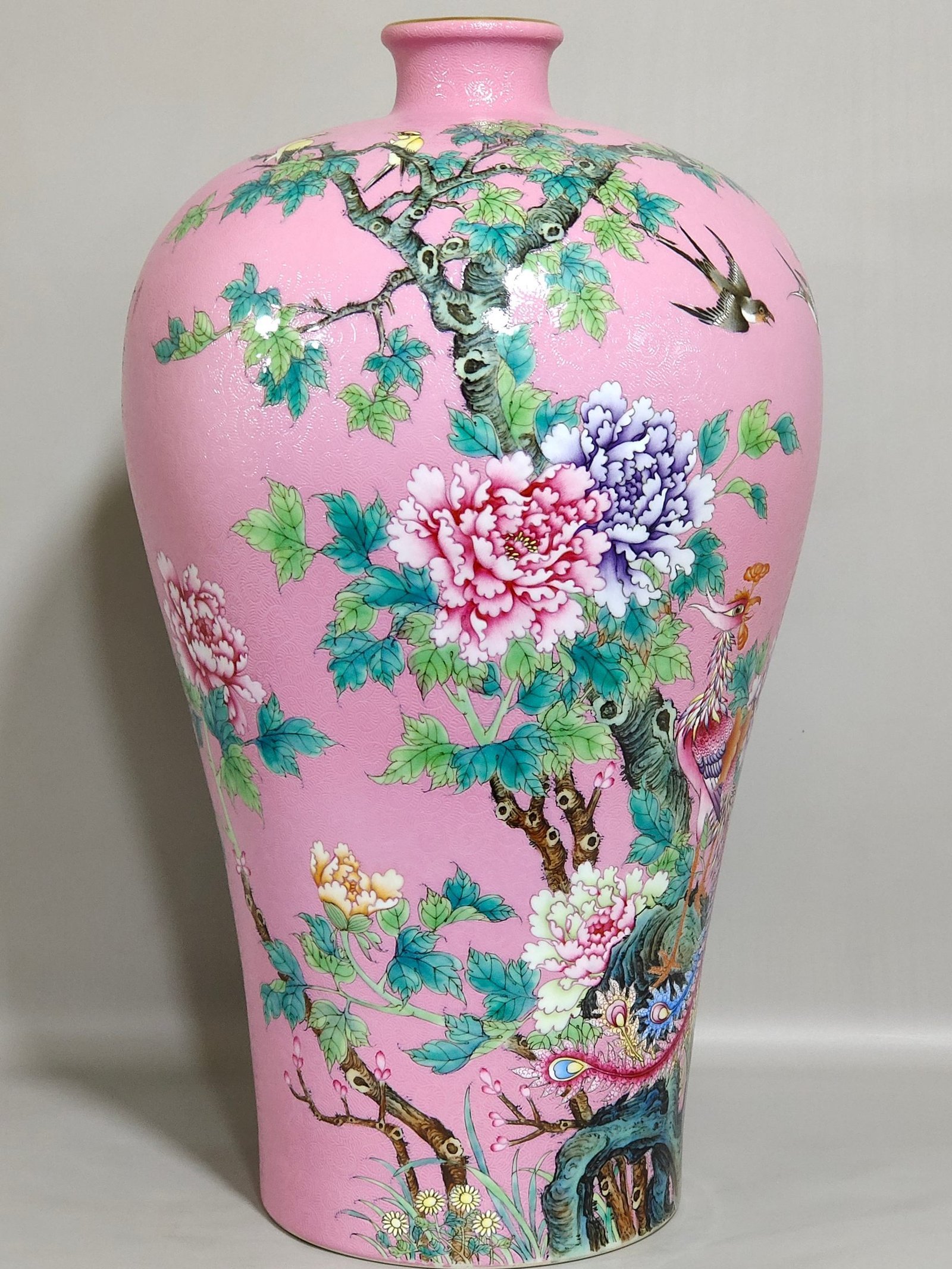 Qing Dynasty Yongzheng rouge pink flowered phoenix peony flower and bird poem plum vase