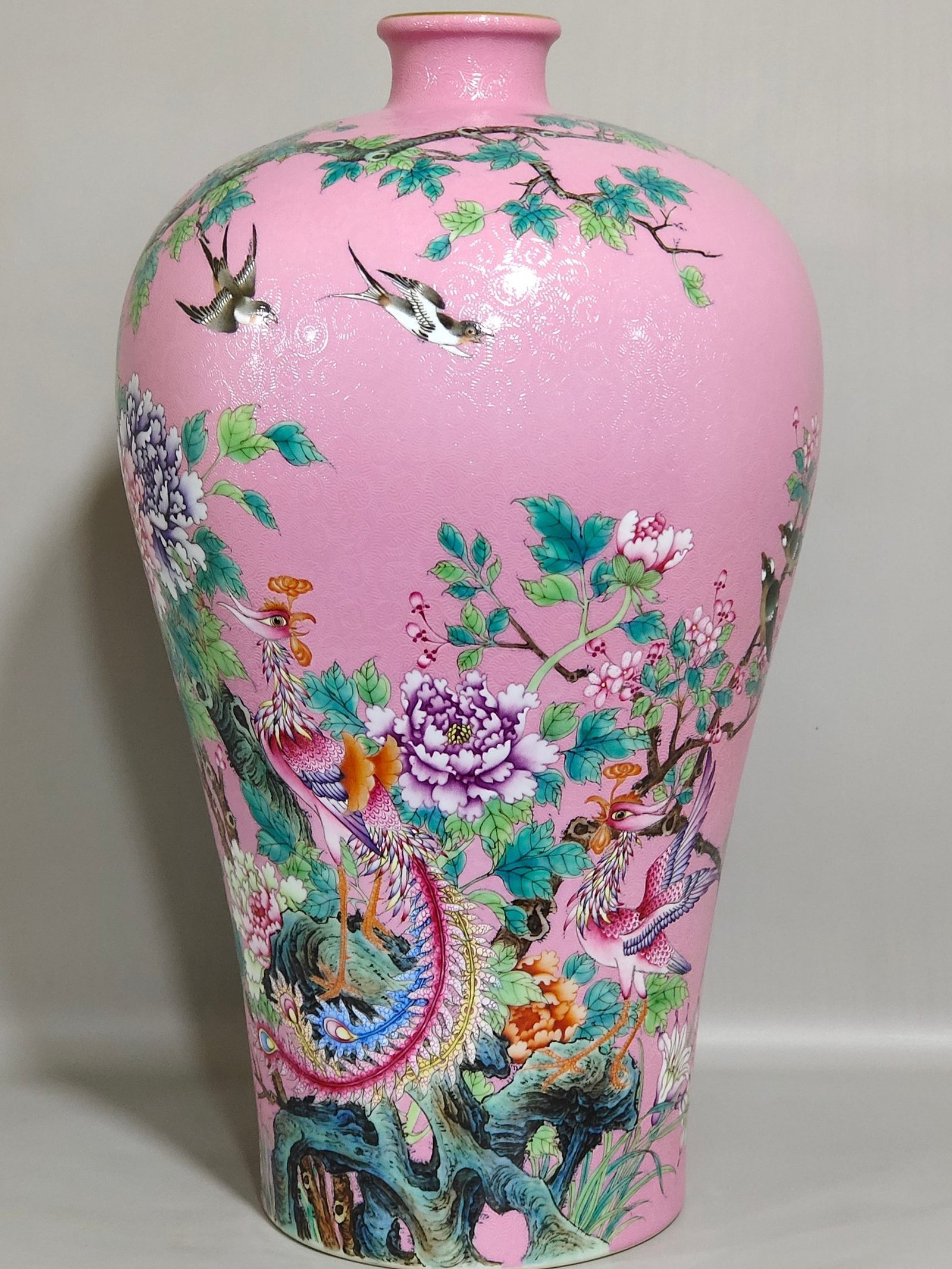 Qing Dynasty Yongzheng rouge pink flowered phoenix peony flower and bird poem plum vase