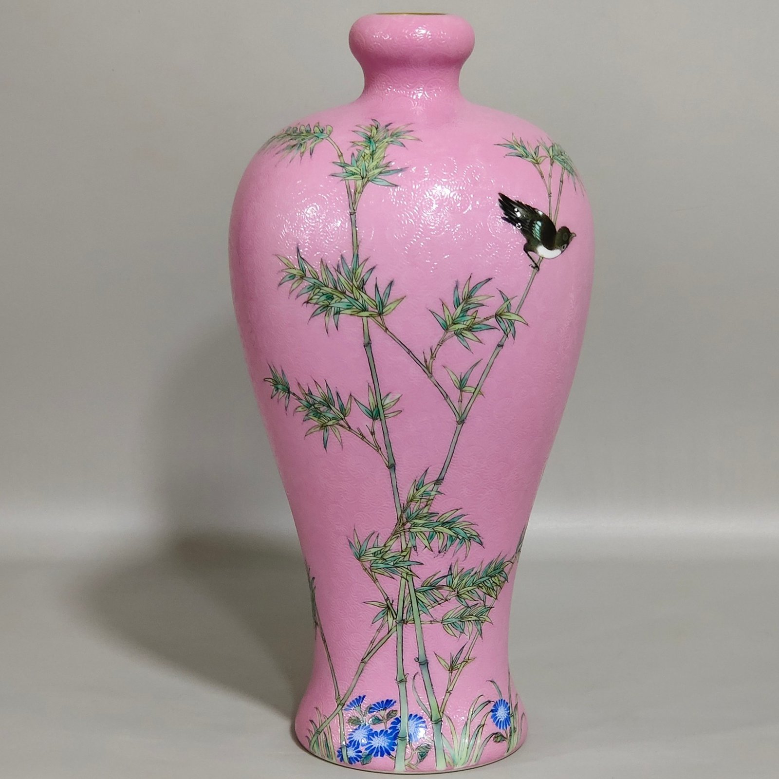 Qing Dynasty Yongzheng rouge pink plum vase with four seasons flowers and birds inscribed with poems