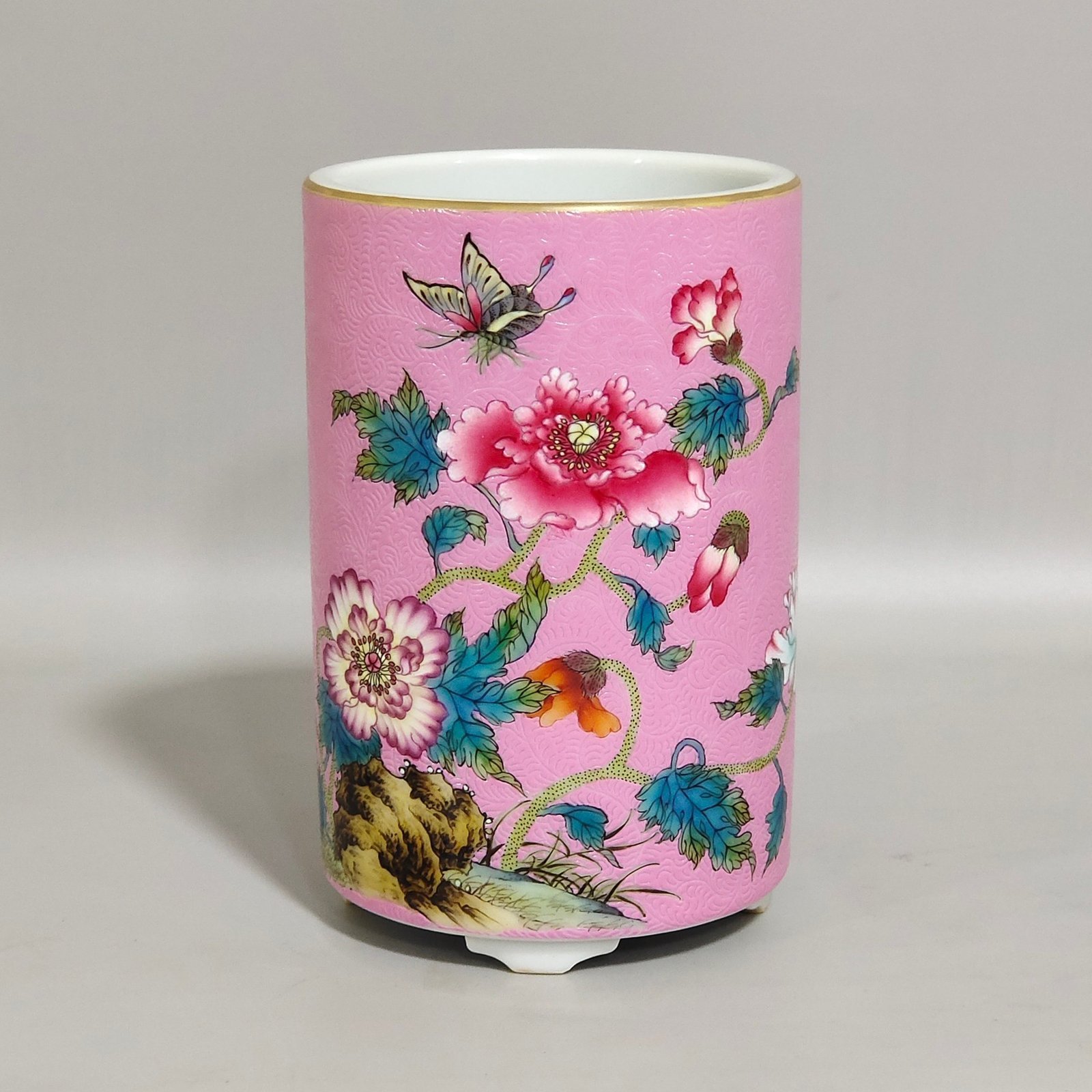 Qing Dynasty Yongzheng Rouge Pink Poppy Poem Inscription Pen Holder