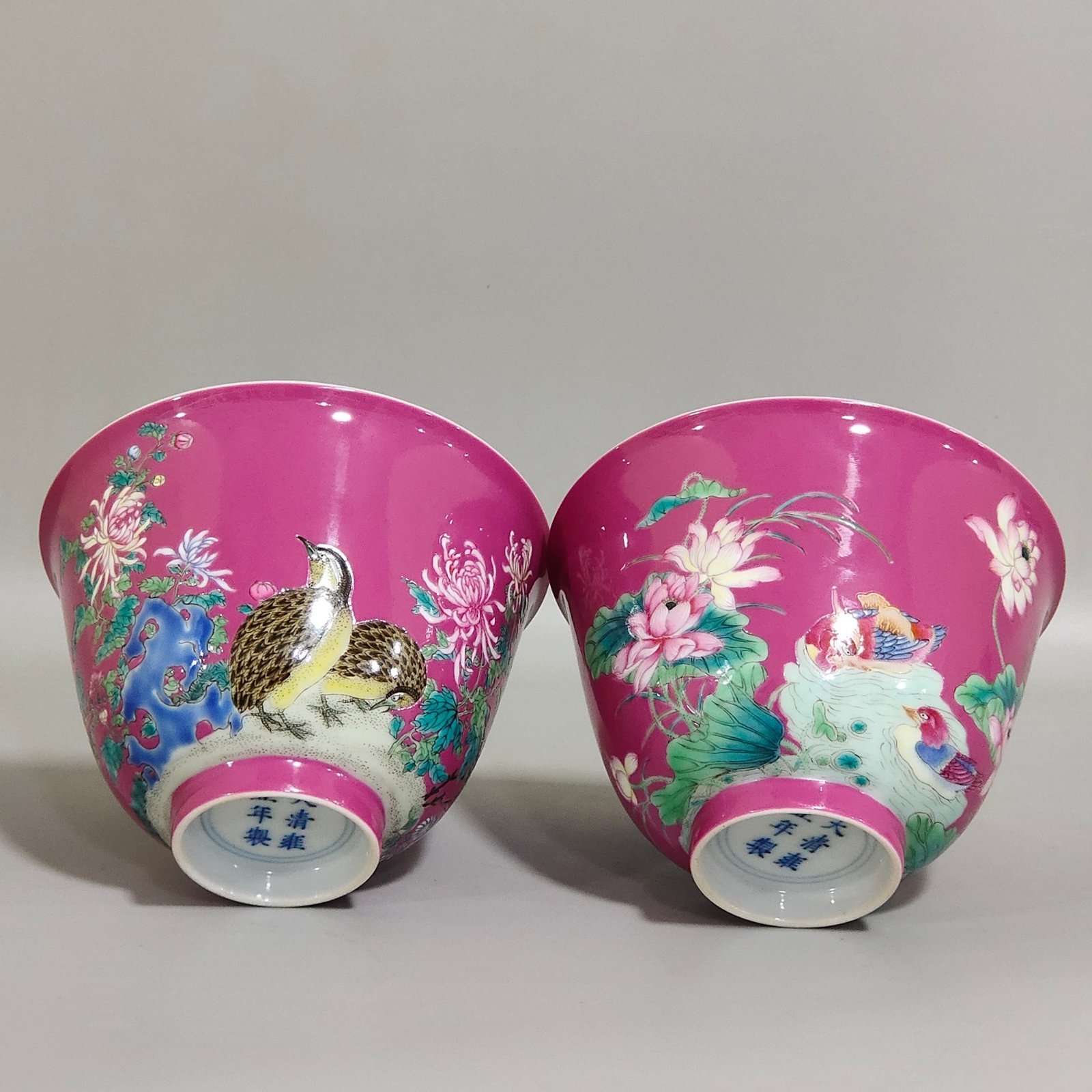 Qing Dynasty Yongzheng rouge red four season flower and bird cup
