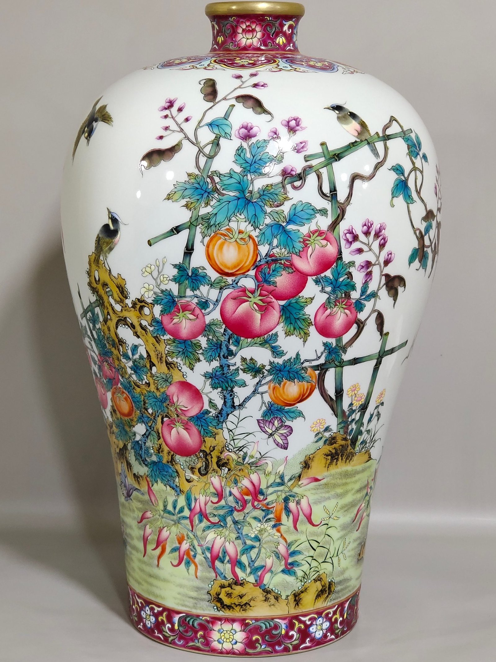 Qing Dynasty Yongzheng rouge red plum vase with poems on flowers birds vegetables and fruits