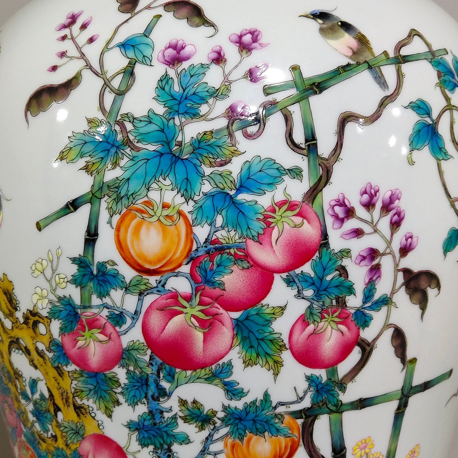 Qing Dynasty Yongzheng rouge red plum vase with poems on flowers birds vegetables and fruits