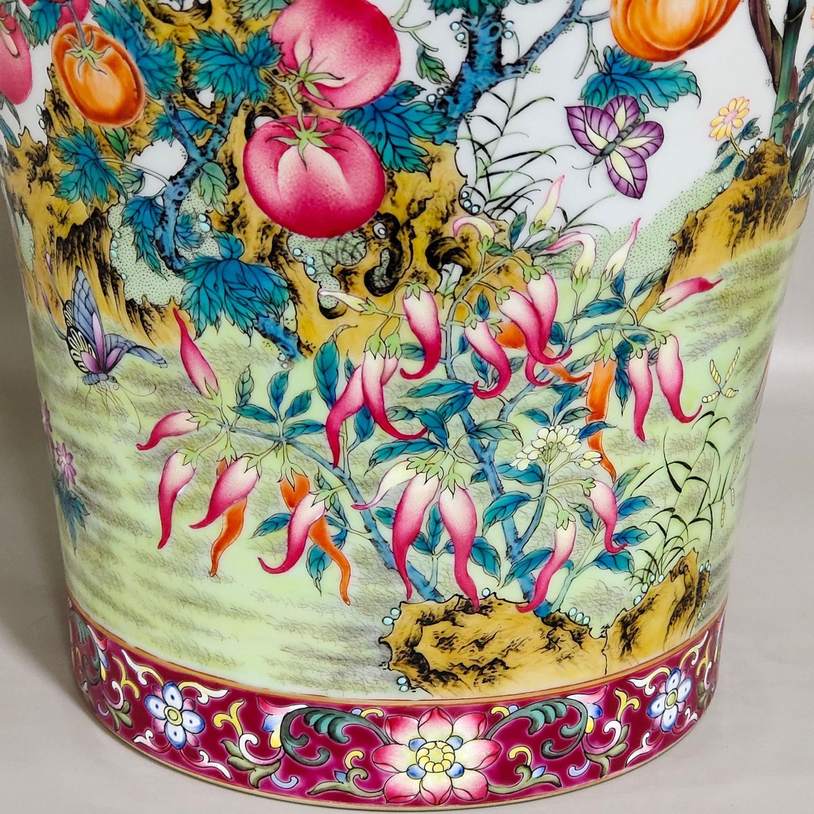 Qing Dynasty Yongzheng rouge red plum vase with poems on flowers birds vegetables and fruits
