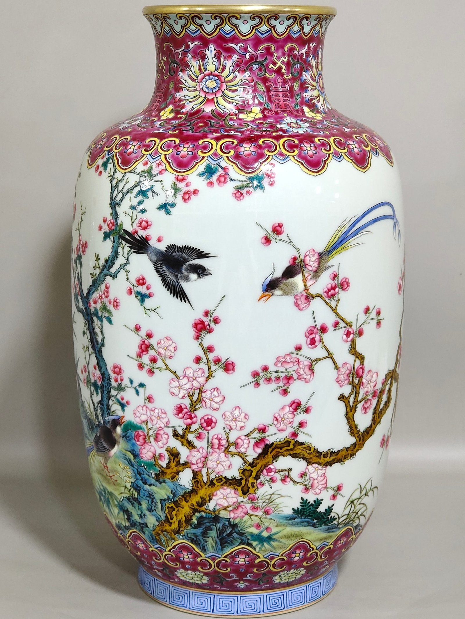 Qing Dynasty Yongzheng rouge red ground flower and bird poem inscribed vase