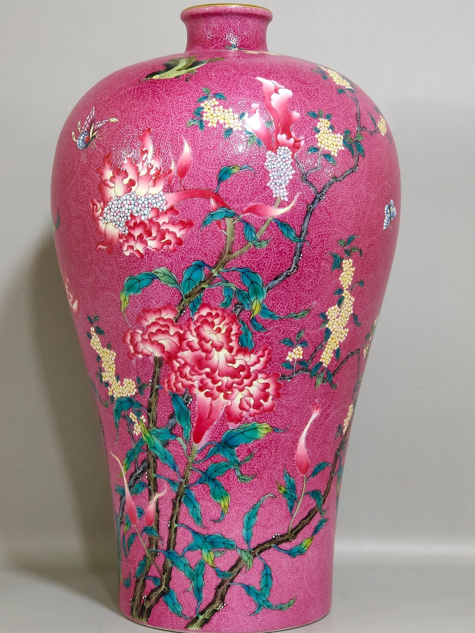 Qing Dynasty Yongzheng rouge red zhaodao flower and bird poems plum vase