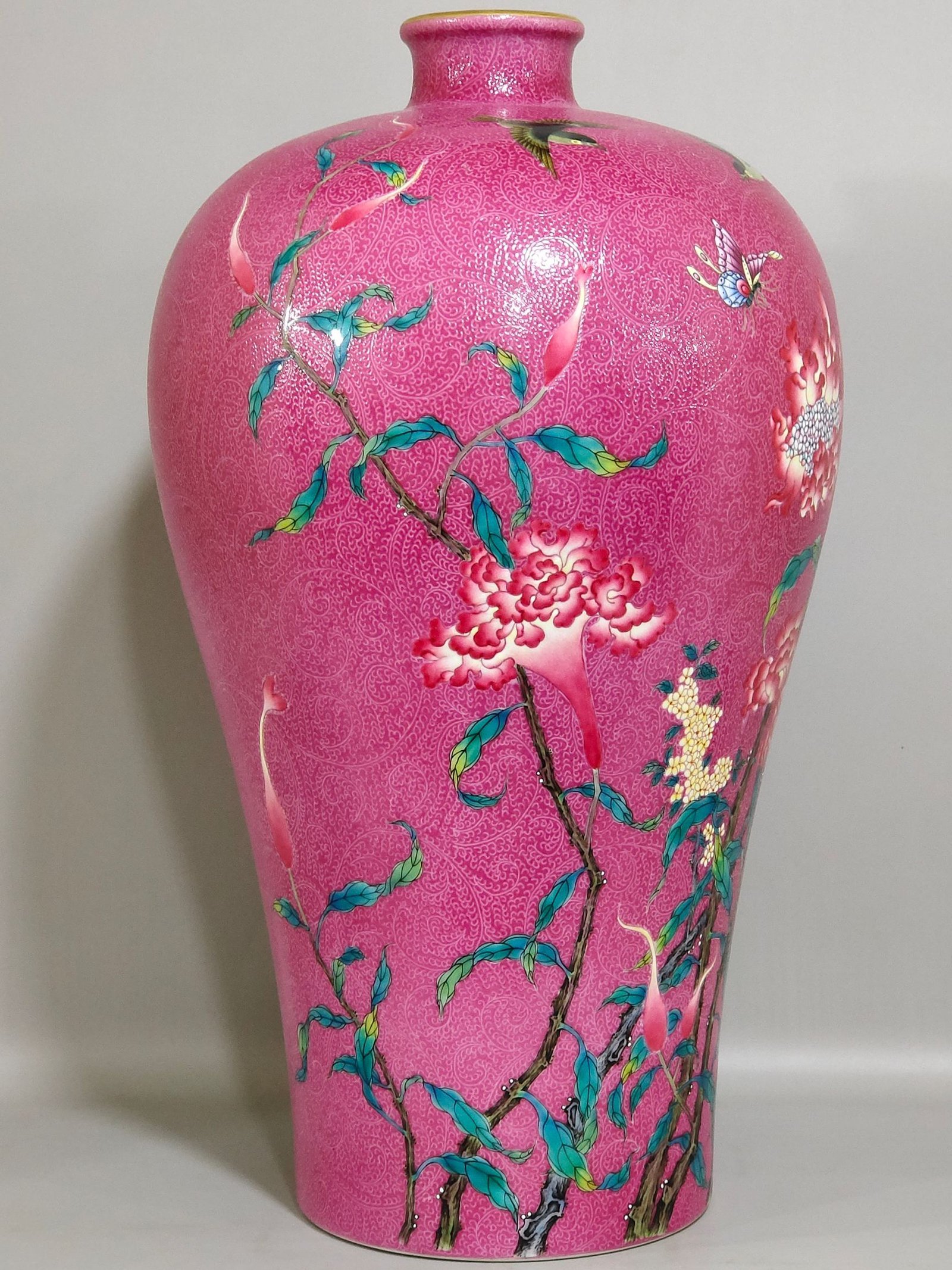 Qing Dynasty Yongzheng rouge red zhaodao flower and bird poems plum vase