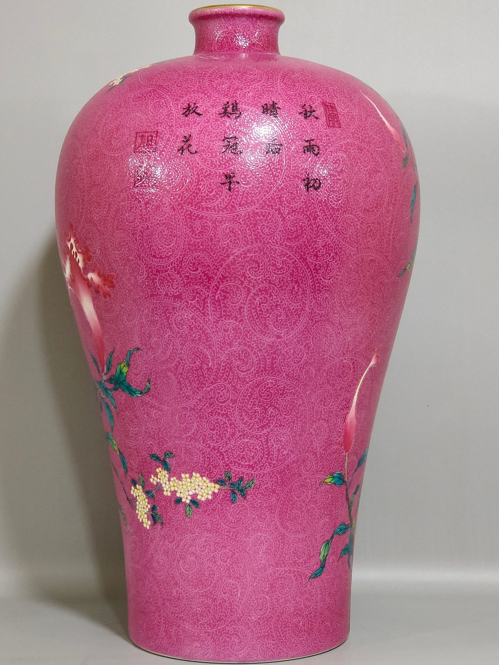 Qing Dynasty Yongzheng rouge red zhaodao flower and bird poems plum vase