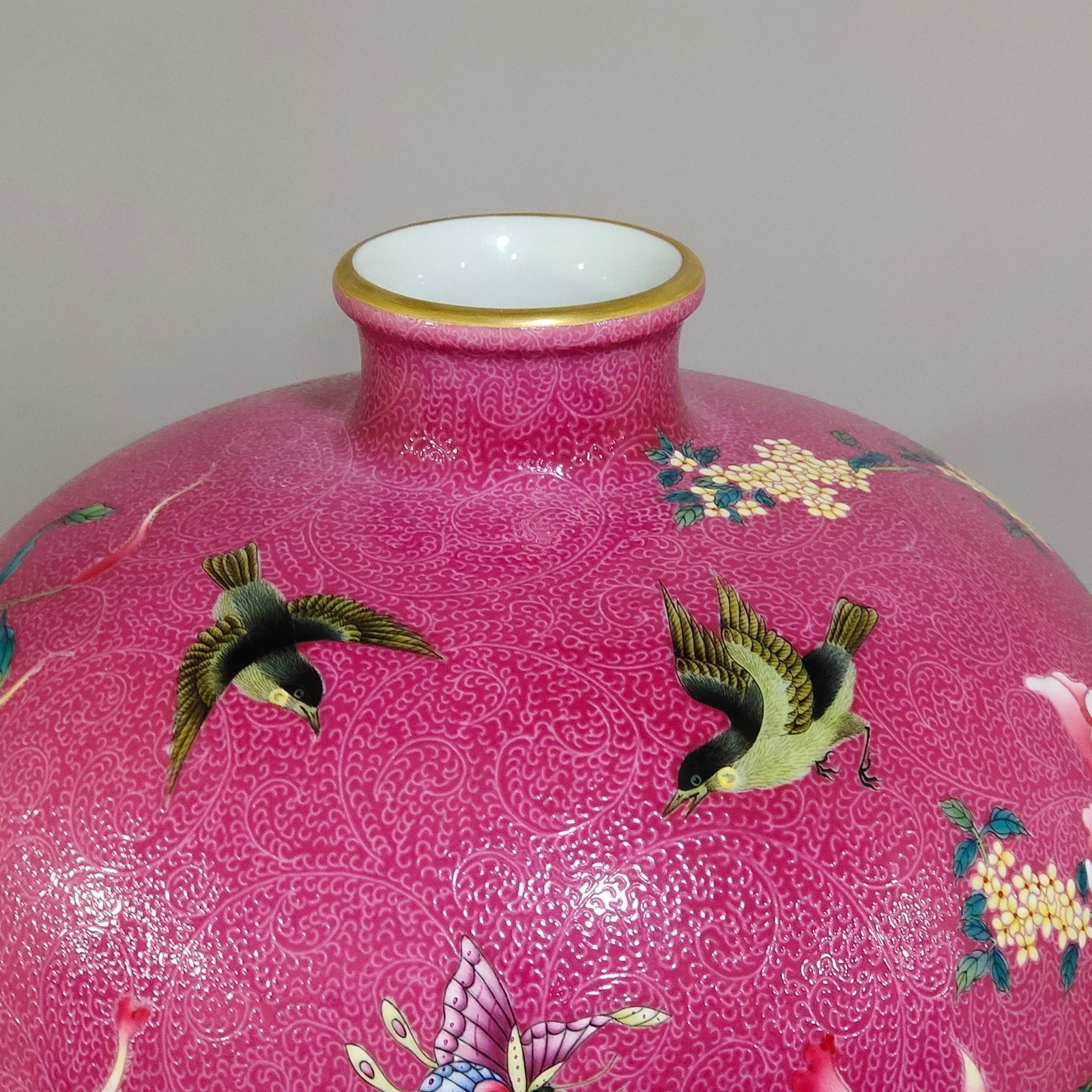Qing Dynasty Yongzheng rouge red zhaodao flower and bird poems plum vase