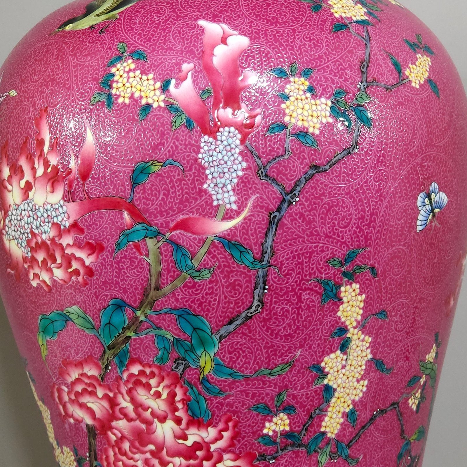 Qing Dynasty Yongzheng rouge red zhaodao flower and bird poems plum vase