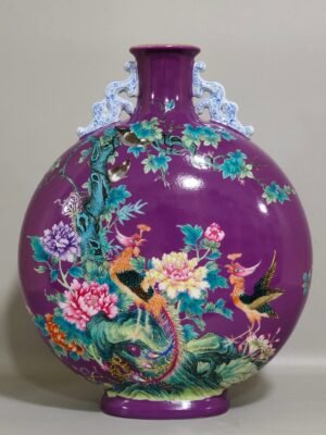Qing Dynasty Yongzheng eggplant skin purple glaze Phoenix peony flower holding moon vase