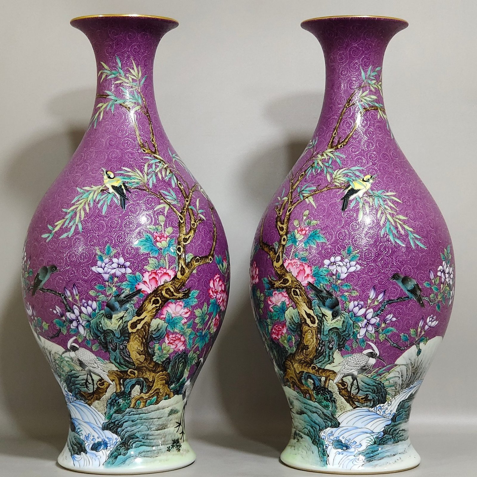 Qing Dynasty Yongzheng purple-glazed eggplant skin olive vase with flowers and birds