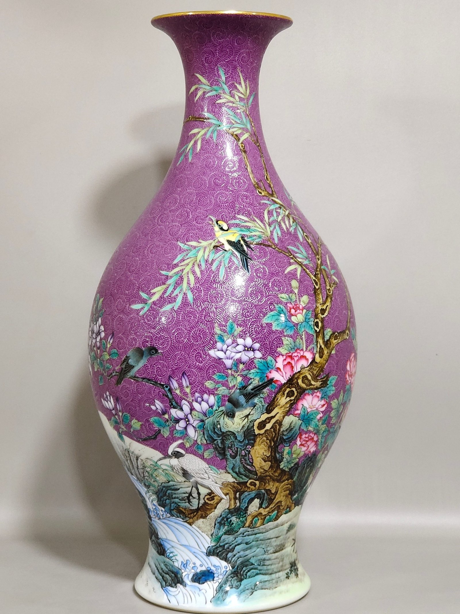 Qing Dynasty Yongzheng purple-glazed eggplant skin olive vase with flowers and birds