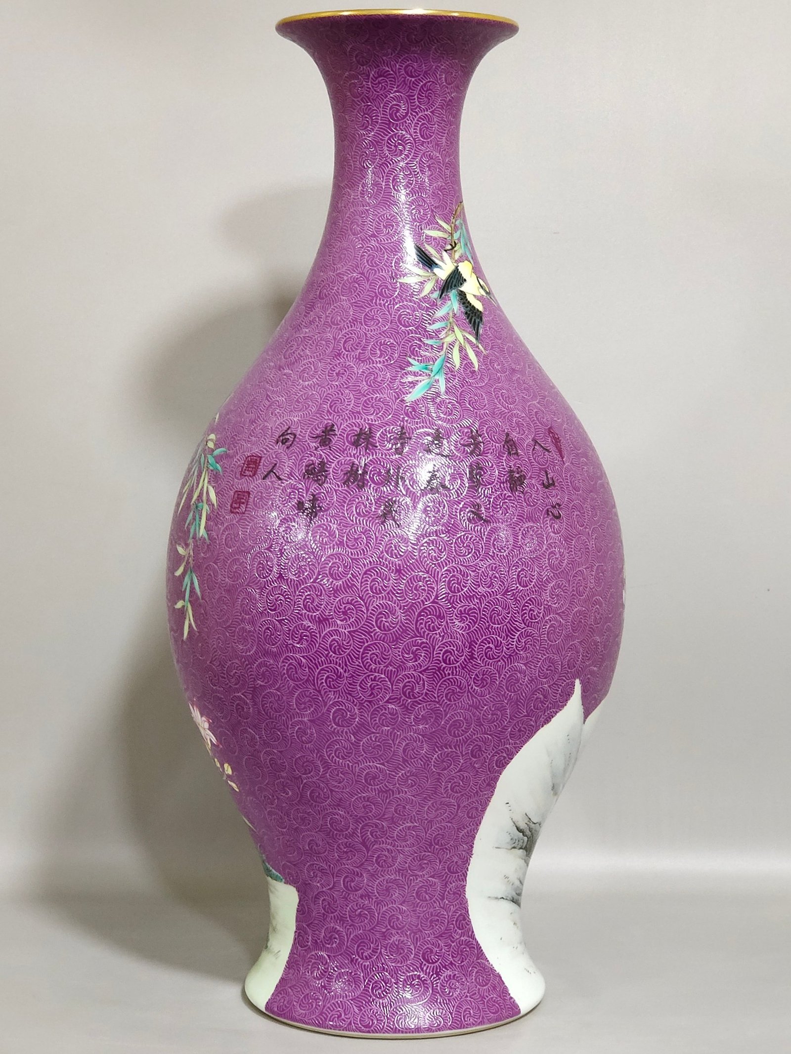 Qing Dynasty Yongzheng purple-glazed eggplant skin olive vase with flowers and birds