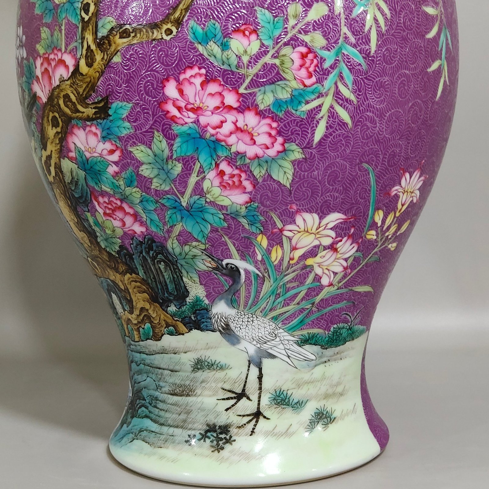 Qing Dynasty Yongzheng purple-glazed eggplant skin olive vase with flowers and birds