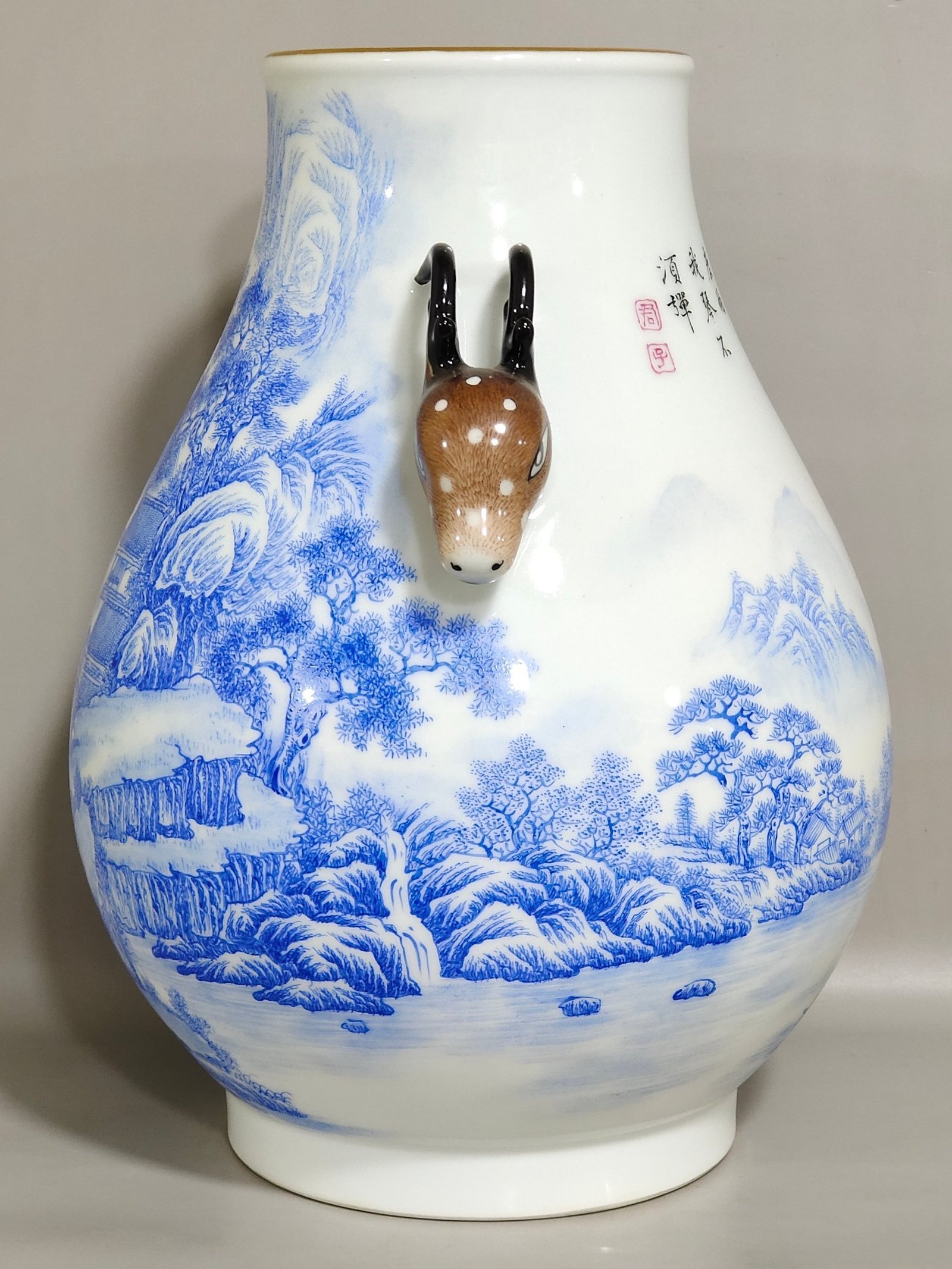 Qing Dynasty Yongzheng blue material landscape poem deer head statue