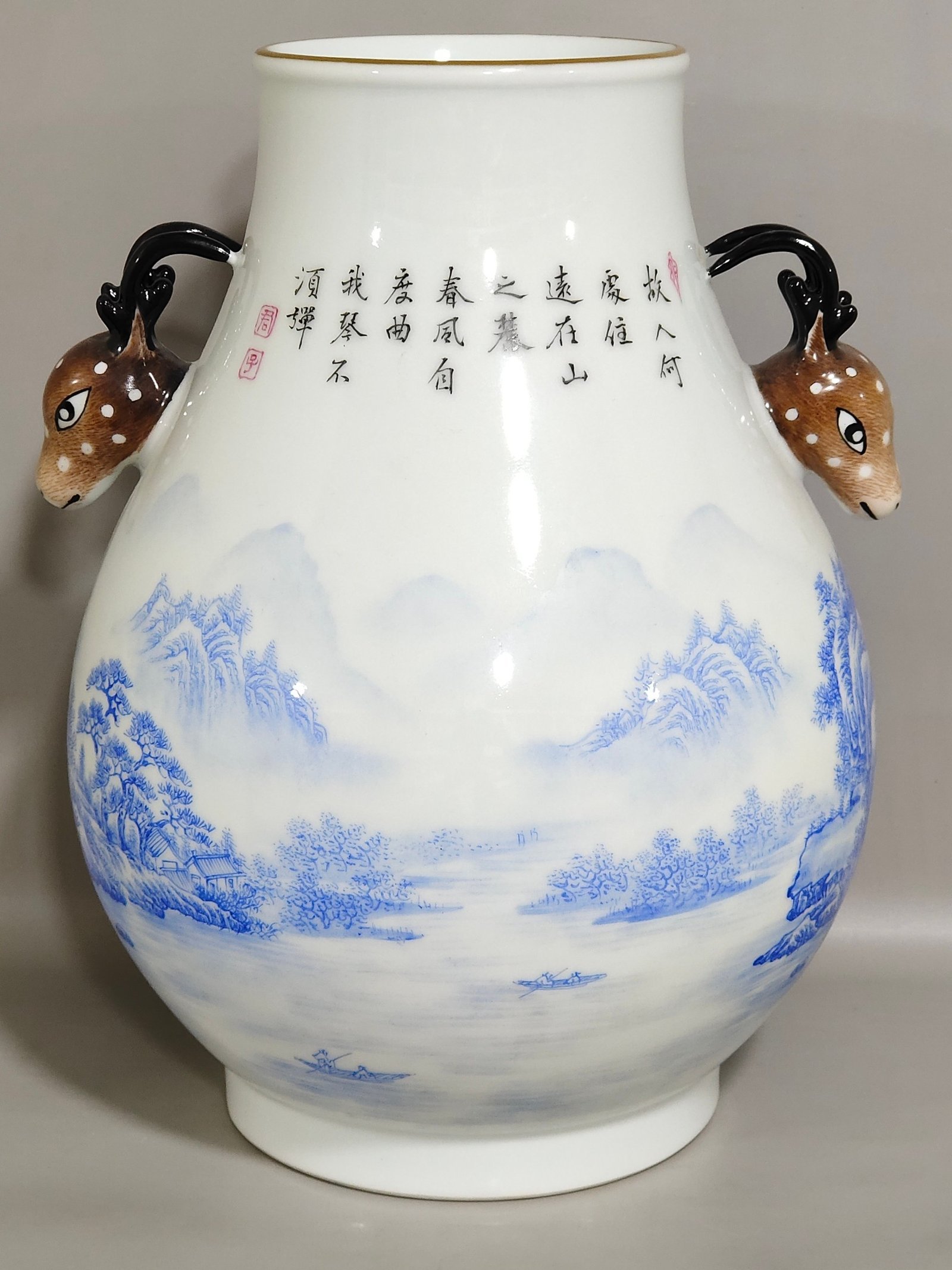 Qing Dynasty Yongzheng blue material landscape poem deer head statue