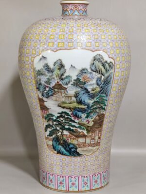 Qing Dynasty Yongzheng brocade window window landscape poem inscribed plum vase