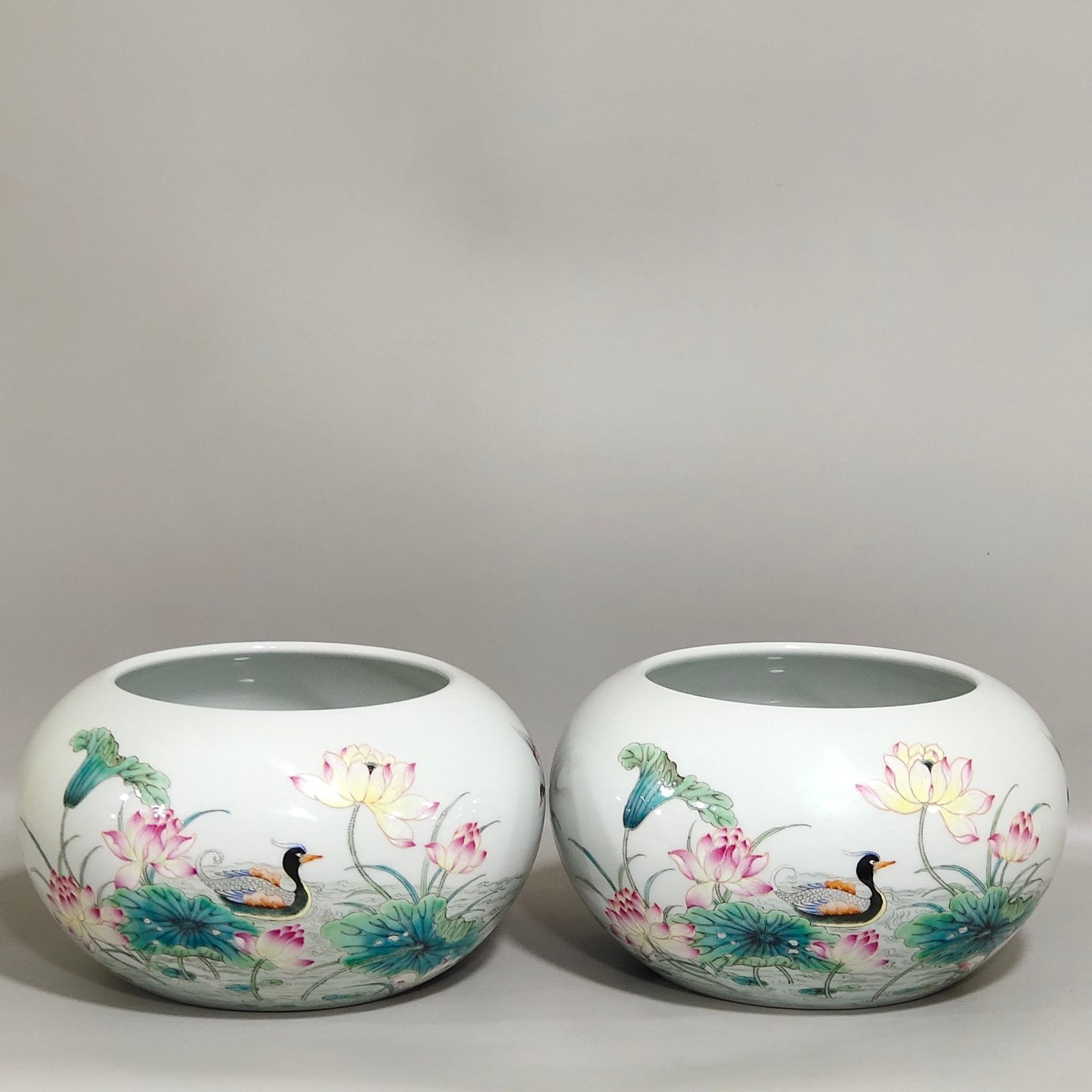Qing Dynasty Yongzheng A lotus brush wash with mandarin ducks playing in the water