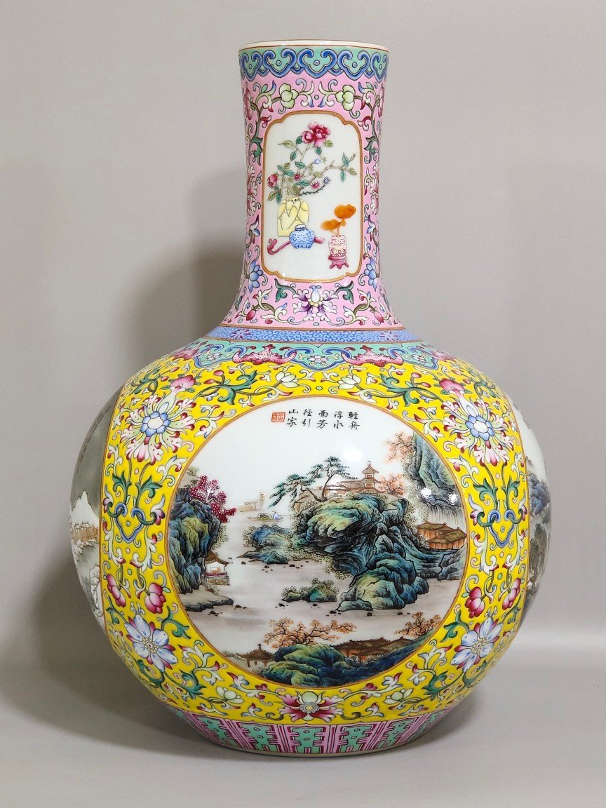 Qing Dynasty Yongzheng yellow ground with windows four seasons vase