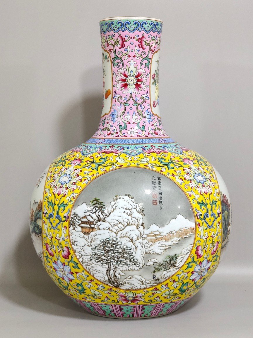 Qing Dynasty Yongzheng yellow ground with windows four seasons vase