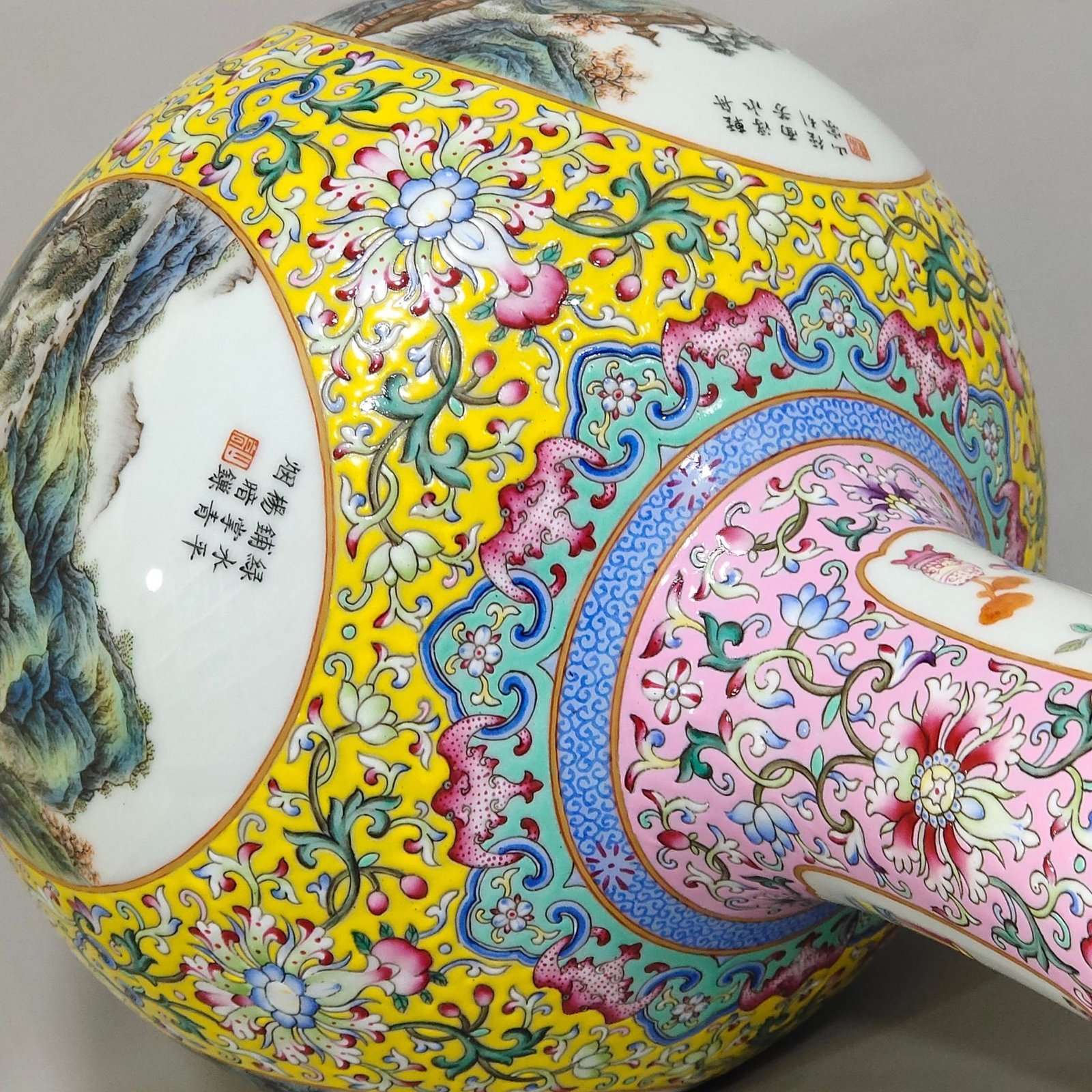 Qing Dynasty Yongzheng yellow ground with windows four seasons vase