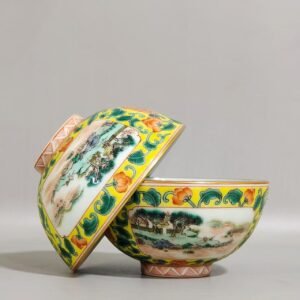 Qing Dynasty Yongzheng yellow ground window landscape cup